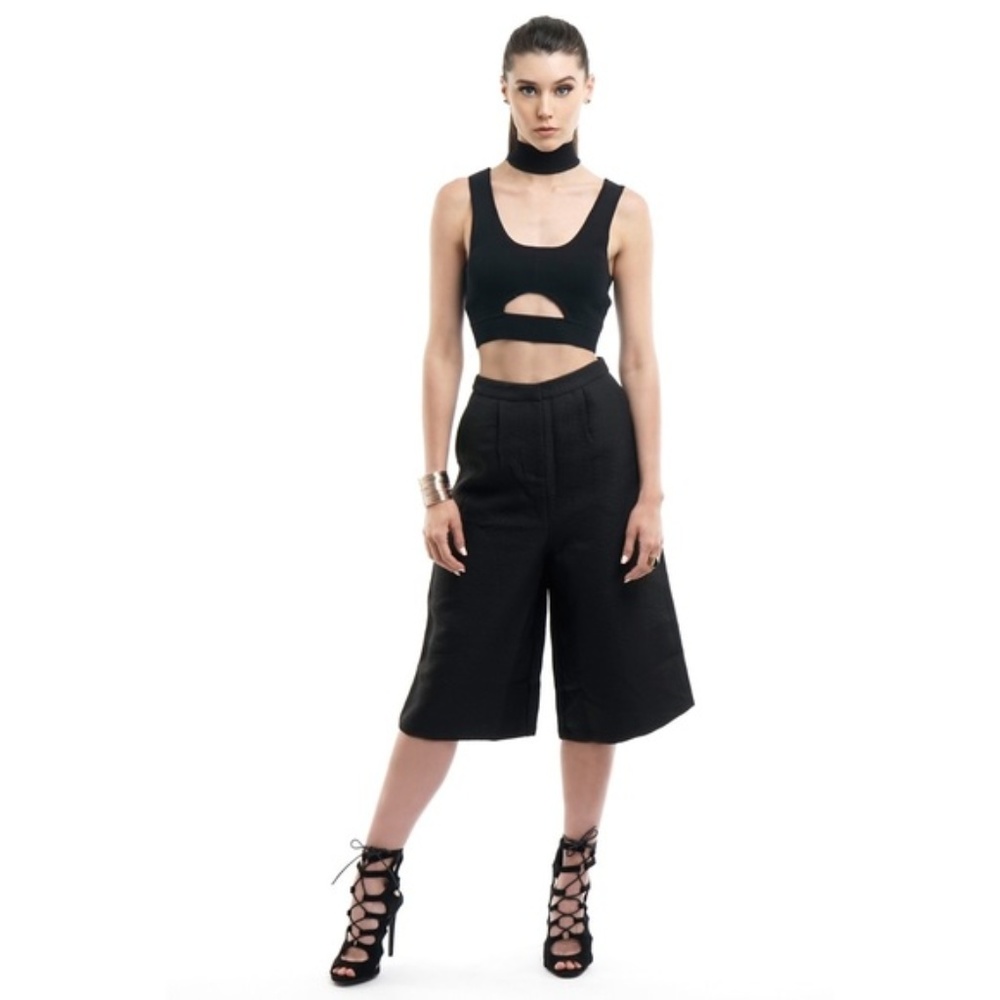Black Textured Culotte Pants